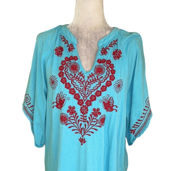 Sundance Aqua Blue Red Embroidered Knit Dress - M - Picture 2 of 10